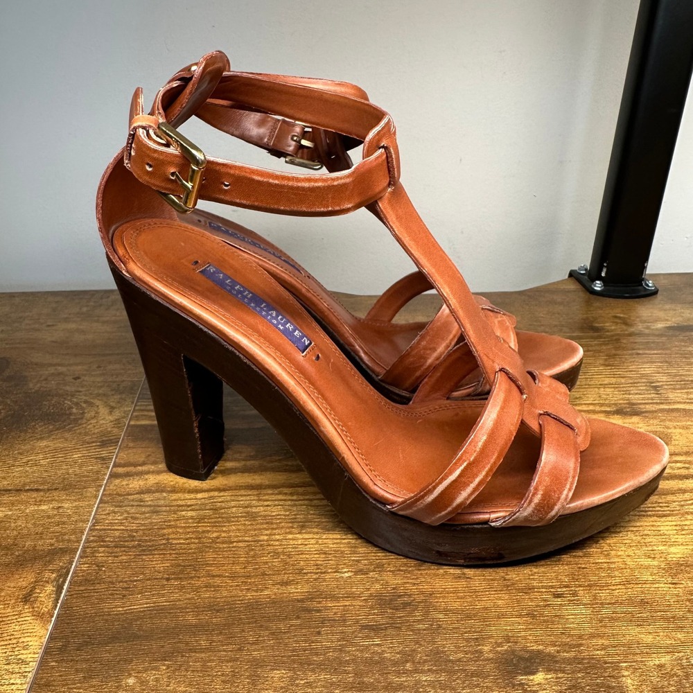 Ralph Lauren Purple Label Collection Leather T-Strap Platform Sandals Wooden 8.5 - Picture 3 of 12